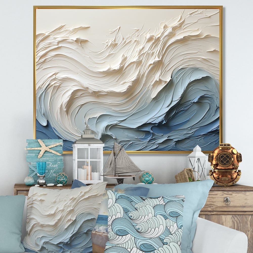 Designart "White And Blue Wave Papercut Style " Coastal Waves Framed Wall Decor