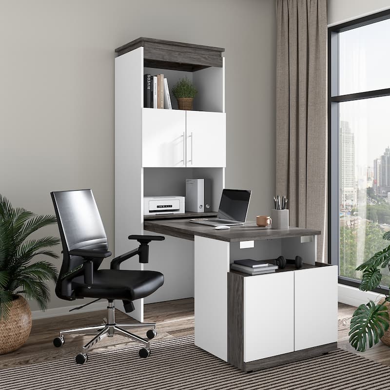 Orion 30W Tall Storage Cabinet with Doors and Fold-Out Desk by Bestar - White/Walnut Grey