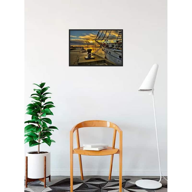 Tall Ship Docked and Ready to Sail at Sunset Photography by Wayne Collamore Framed Poster - 12 x 18 Inch