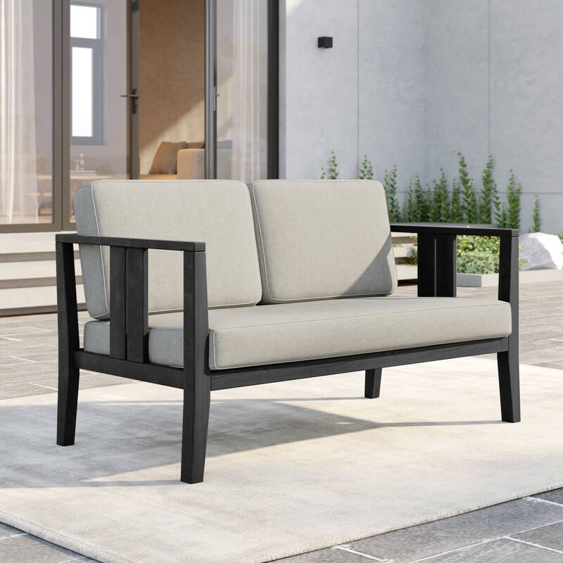 Outdoor Teak Solid Wood Patio Furniture Set Loveseat Armchair Table Collection - Loveseat - Blackframe-Light Camel