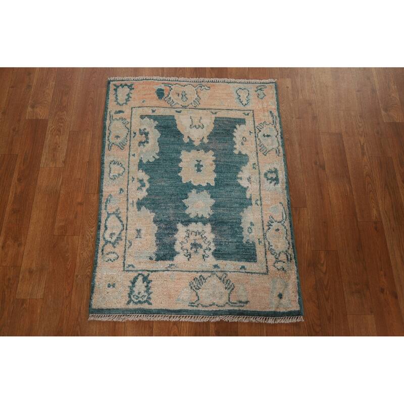 Hand Knotted Oriental 100% Wool Carpet Transitional Geometric Green Oushak Area Rug - 2' 10'' X 2' 1''