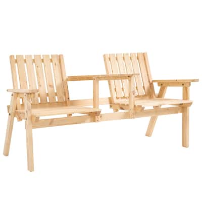 Fir Wood Outdoor Bench Set with Two Chairs and Coffee Table Slatted Design - 59.75" L x 27.5" W x 32.75" H