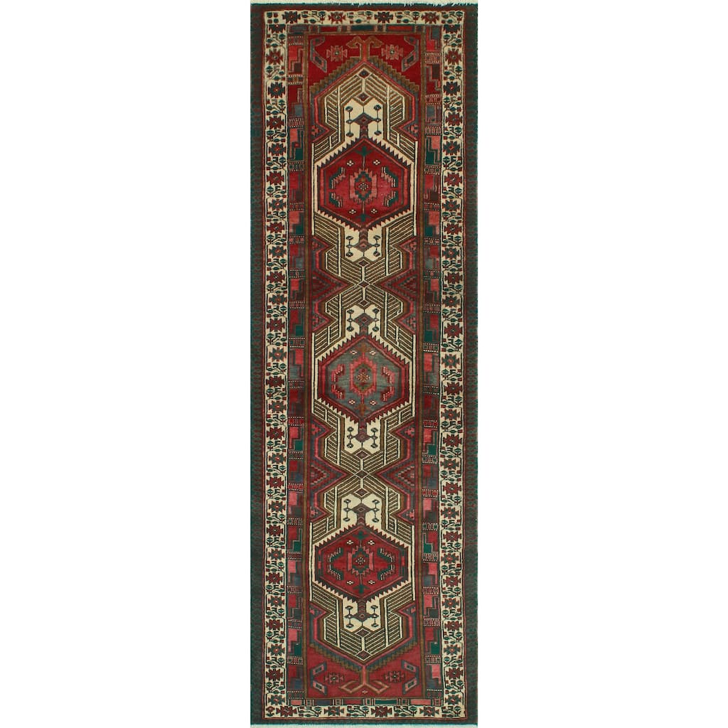 Fine Vintage Distressed Funda Ivory/Burgundy Runner - 3'2" x 10'7"
