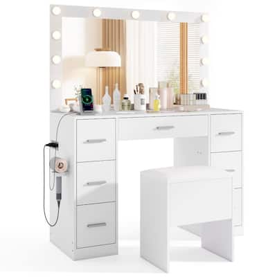 White Vanity Set with LED Lighted Mirror Charging Station, Storage and Modern Design - 43.5" x 16" x 53"