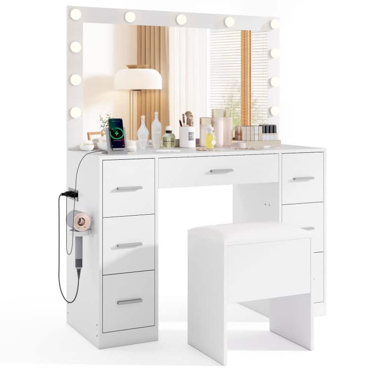 White Vanity Set with LED Lighted Mirror Charging Station, Storage and Modern Design - 43.5" x 16" x 53"