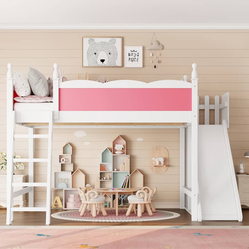 Queen Loft Bed with Storage Shelves and Wardrobe, Solid Wood Loft Beds with Detachable Slide and Ladders, No Spring Box Needed - Pink,White