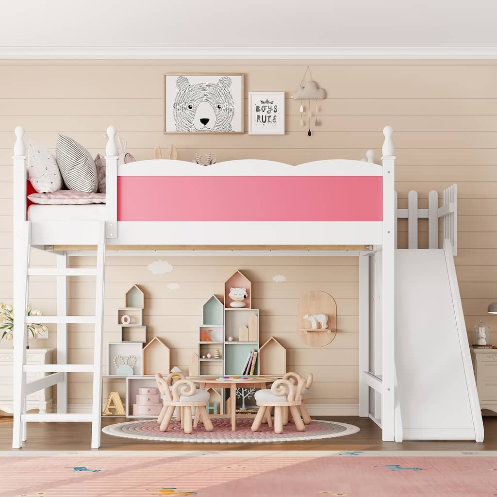 Queen Loft Bed with Storage Shelves and Wardrobe, Solid Wood Loft Beds with Detachable Slide and Ladders, No Spring Box Needed