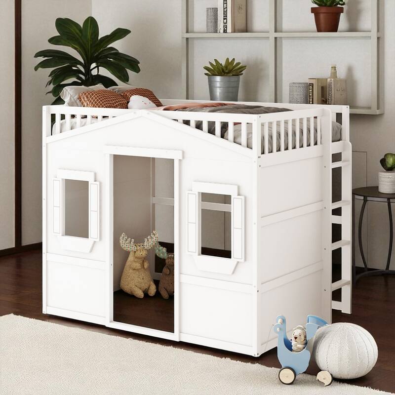 Twin/Full Size Wood Loft Bed with Ladder and Guardrails, House-Style Frame for Kids or Teens - White - Full