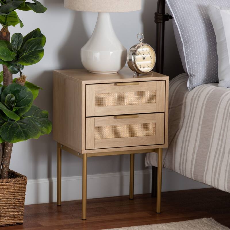 Dewitt Japandi Light Brown Finished Wood and Gold Metal 2-Drawer End Table
