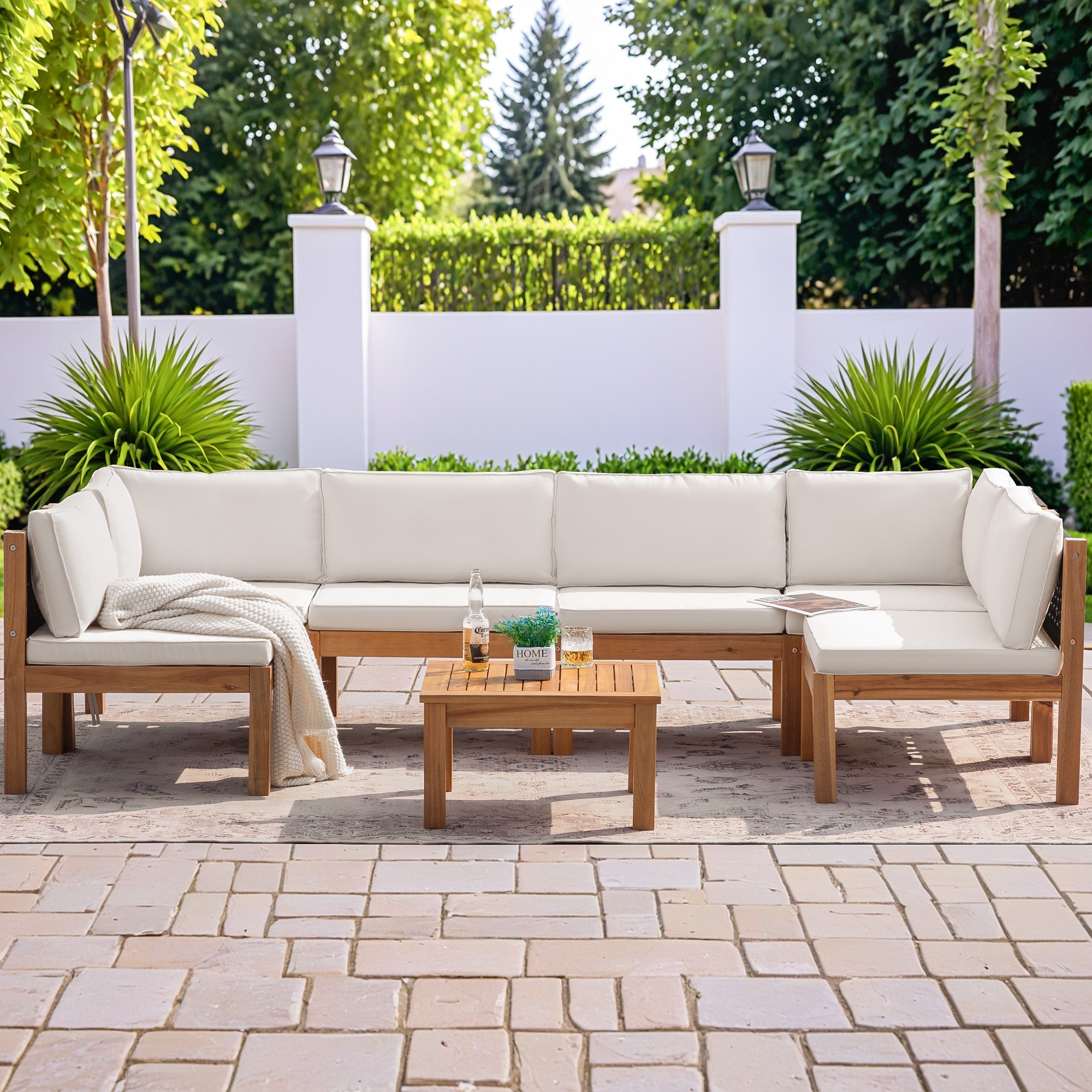 Furniwell 7-Piece Patio Furniture Set - Acacia Wood & Rattan
