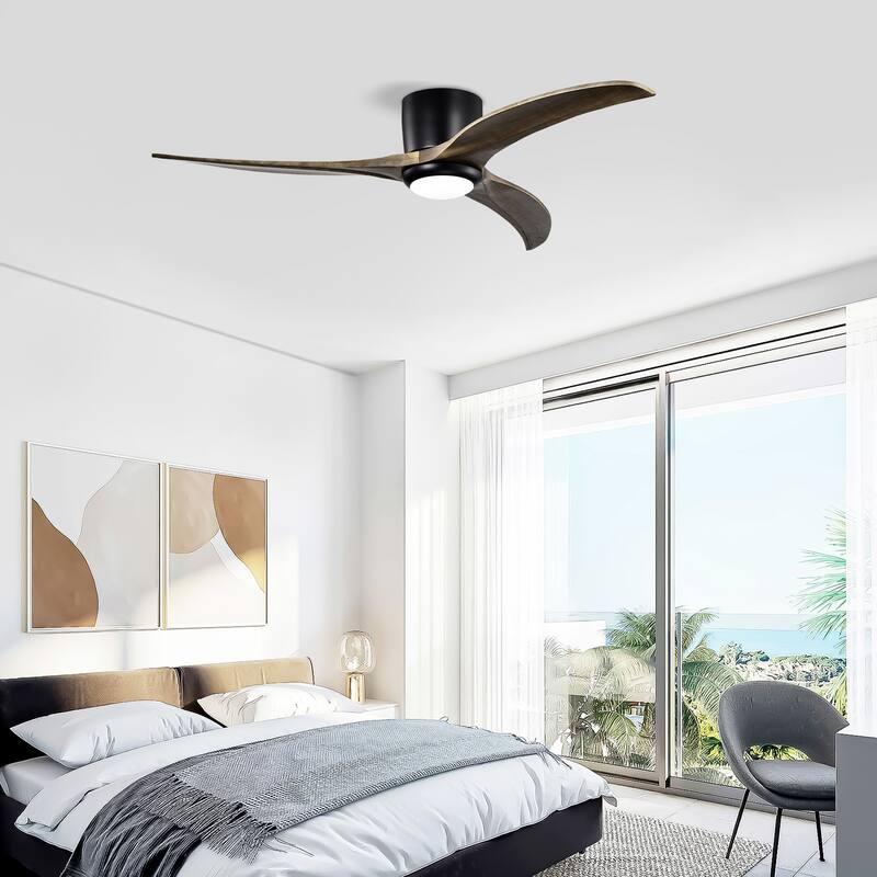 52" Flush Mount Fan Light, 3 PCS Solid Wood Blades Ceiling Fan with Lights Remote Control, Quiet DC Motor, 6 Speed