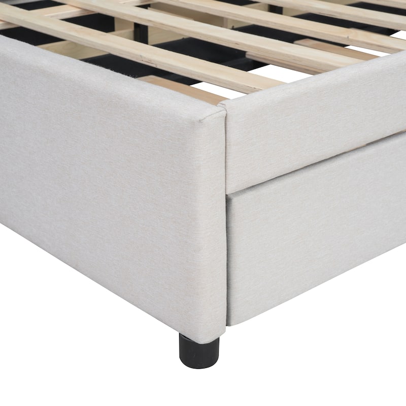 Beige Linen Fabric Full Upholstered Platform Bed with Brick Pattern Headboard, Trundle, and Storage Drawers