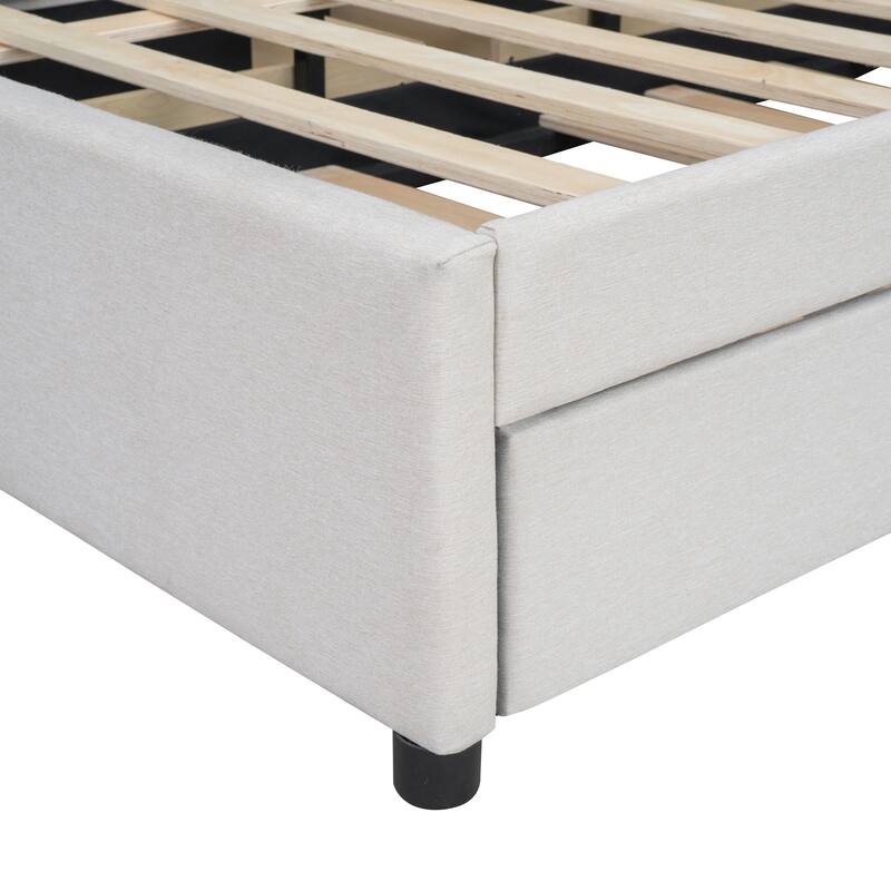 Full/Queen Size Upholstered Platform Bed with Stylish Brick Pattern Headboard, Trundle & 2 Drawers, Linen Fabric Comfort
