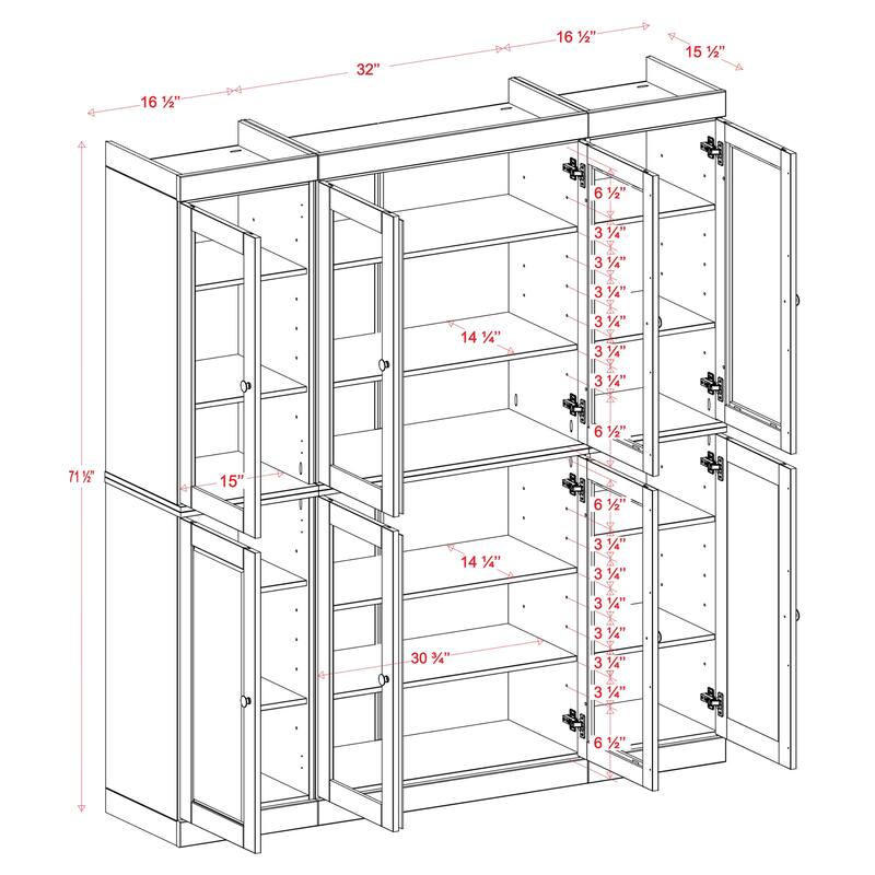Palace Imports 100% Solid Wood 65" Pantry Cabinet with Clear Glass, Shaker Doors and Adjustable Shelves