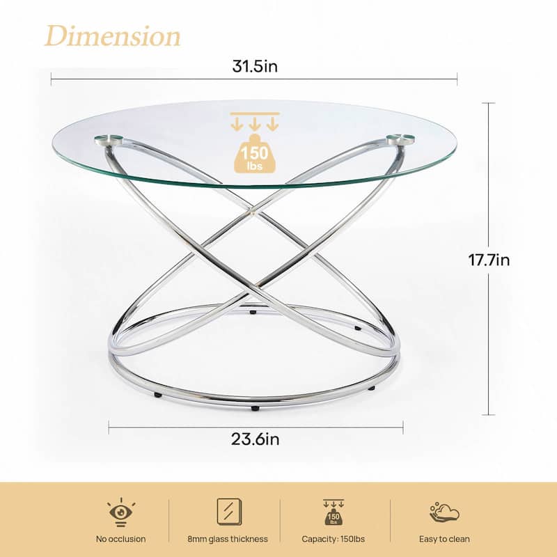 Tempered Glass Top Round Coffee Table with Metal Base