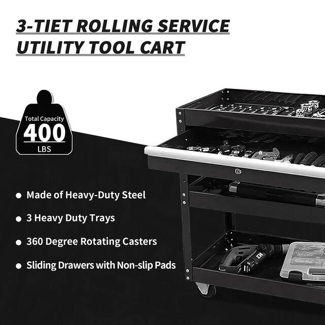 3-Tier Rolling Tool Cart with Drawer Steel Utility Storage Tool Box