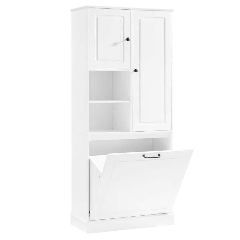 Storage Cabinet with Flip-Out Basket, Bathroom Cabinet with 2 Doors & Adjustable Shelves, Freestanding Floor Cabinet