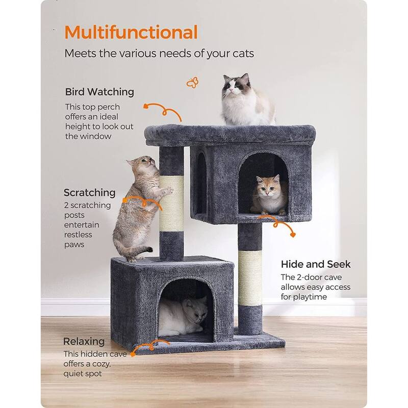 Plush Multi-Level Cat Tower with 2 Spacious Cat Caves and Scratching Posts