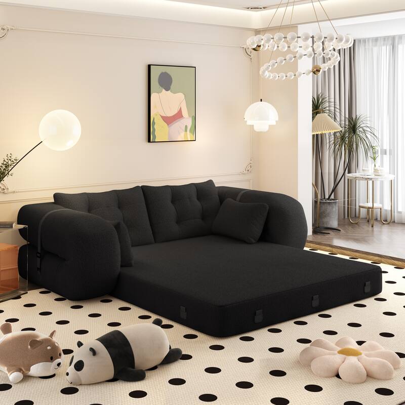 78.7" Foldable Sofa Bed, Teddy Fabric Convertible Floor Sofa Couch with Pillow, Upholstered Loveseat Sleeper Bed for Living Room