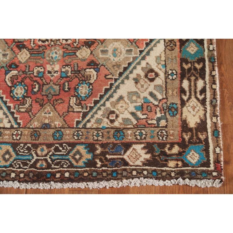 Hamedan Persian Vintage Runner Rug Handmade Geometric Wool Carpet - 3'5"x 9'9"