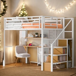 2 Color Full Size Metal Loft Bed with Storage Wardrobe and Staircase, Desk, Storage Shelves