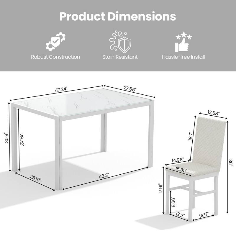 Grondin Modern Style 5-Piece Dining Room Table Set with Tempered Glass Tabletop and 4 Diamond Stitching PU Leather Dining Chairs
