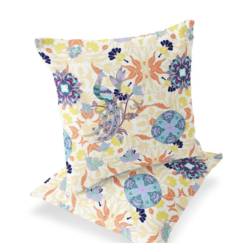 HomeRoots Set of Two 16" X 16" Orange and White Peacock Blown Seam Eclectic Indoor Outdoor Throw Pillow