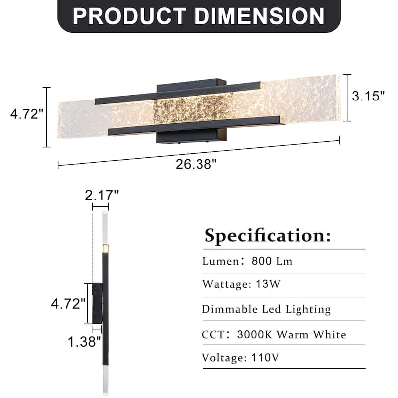 Black Metal Rectangular Water Pattern LED Dimmable Wall Sconce