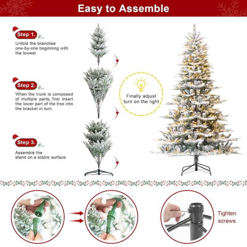 Glitzhome 8FT/10FT Pre-Lit Flocked Fir Artificial Christmas Tree with Warm White Lights