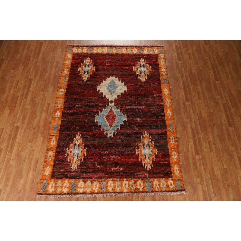 Hand Knotted Oriental 100% Wool Carpet Modern Tribal Red Moroccan Area Rug - 9' 9'' X 6' 8''