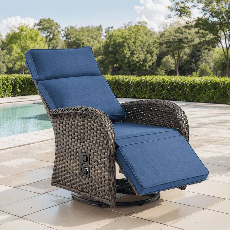 Pocassy Outdoor All-Weather Brown Wicker Chaise Lounge Chair Blue Cushion - Blue Cushion