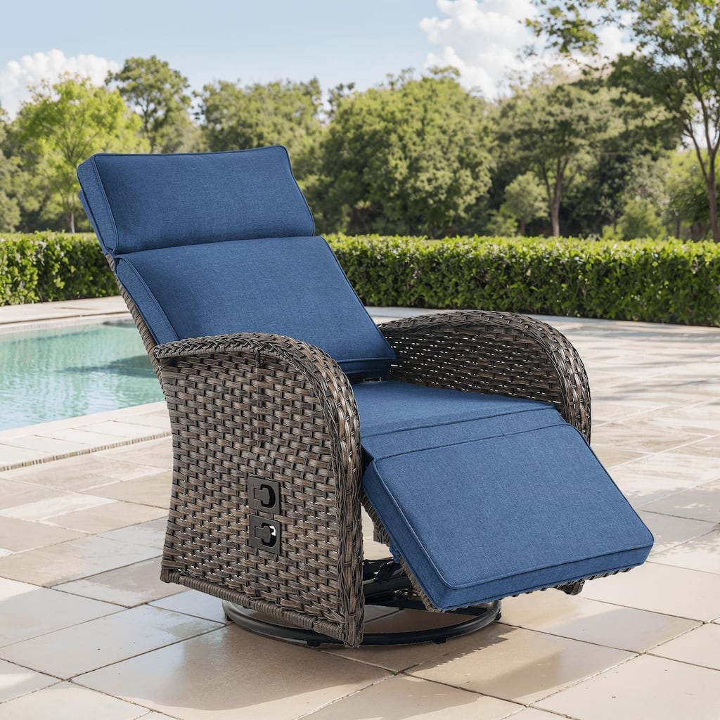 Pocassy Outdoor All-Weather Brown Wicker Chaise Lounge Chair Blue Cushion
