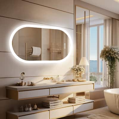 Oval Led Wall Bathroom Mirror Illuminated Backlit 3 Lights Anti-fog