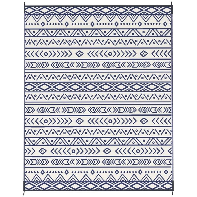 Reversible Outdoor Rug Blue White Geometric UV Protected Foldable Camping RV Patio Picnic Mat - 120.1" L x 95.7" W
