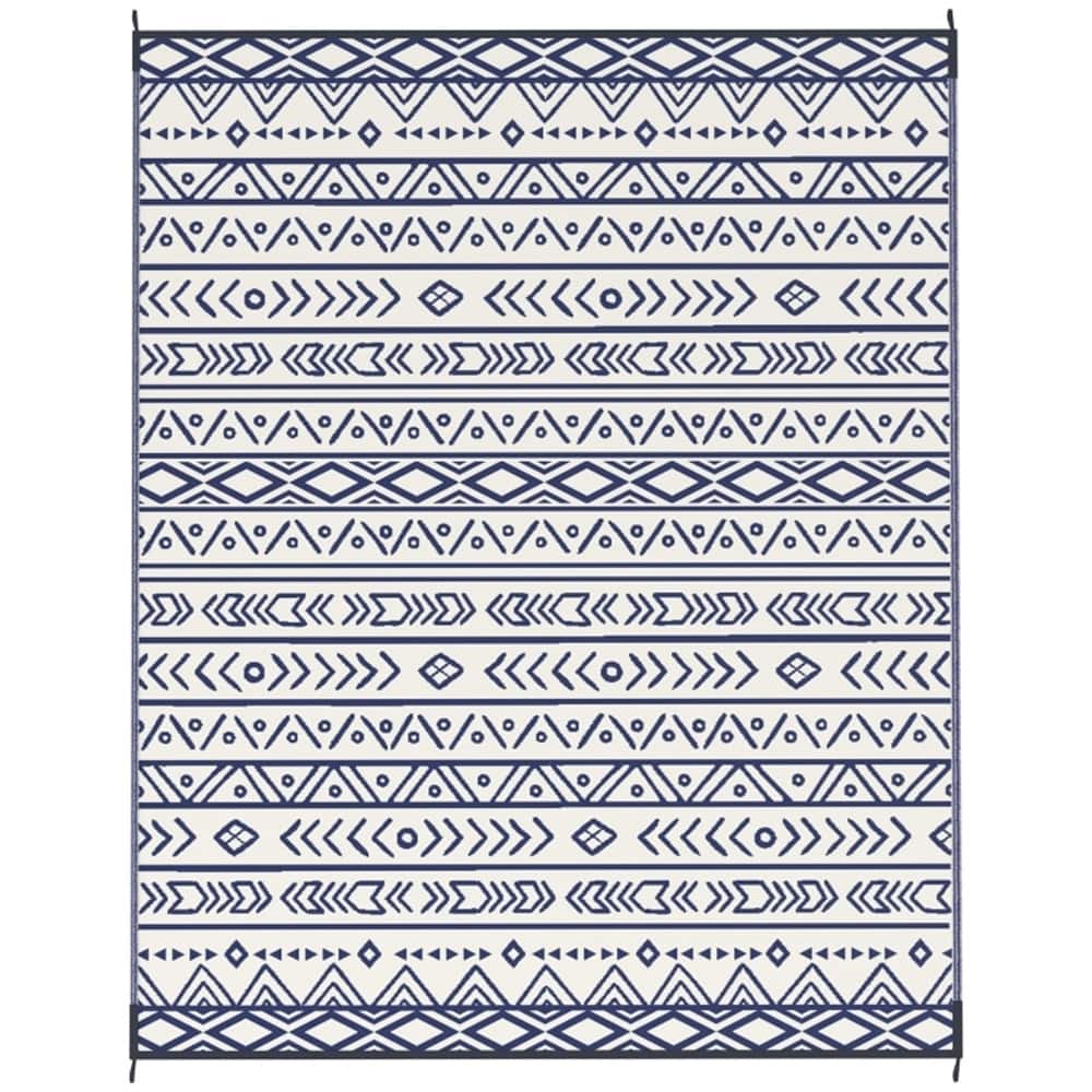 Reversible Outdoor Rug Blue White Geometric UV Protected Foldable Camping RV Patio Picnic Mat - 120.1" L x 95.7" W