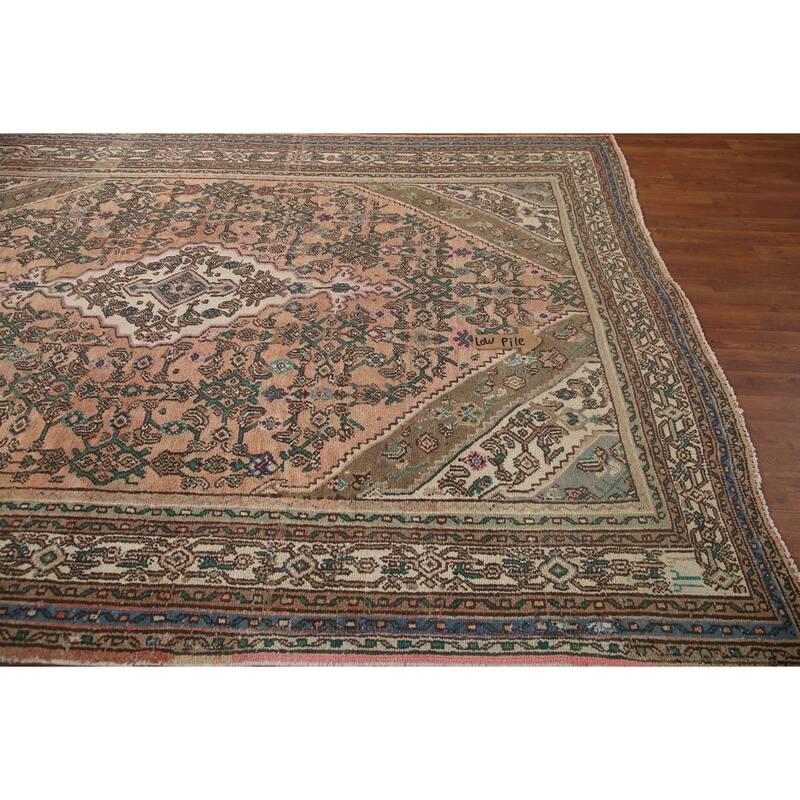 Pink Geometric Hamedan Persian Vintage Rug Hand-knotted Wool Carpet - 6'10" x 9'11"