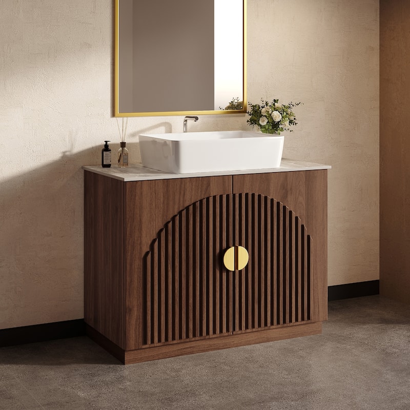 36" Mid - Century Modern Bathroom Vanity With Single Sink Grille Door & Gold Accents