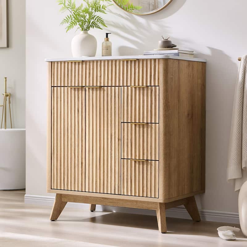 Modern Fluted Bathroom Vanity with Sink, Bathroom Cabinet, Washstand - Oak