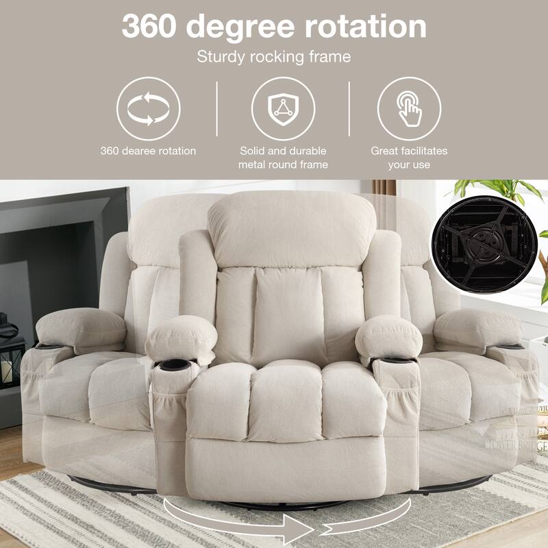 Swinging Recliner Massage Heated Sofa, With Usb And 2 Cup Holders In Side Pockets