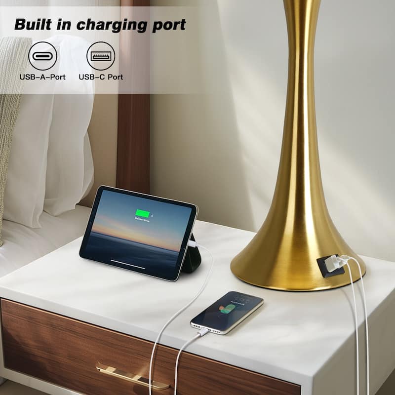 Set of 2 Modern 26-Inch Table Lamps with Dual USB Charging Ports and Oatmeal Fabric Shades - 12'' x 12'' x 27.5''