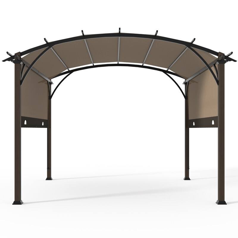 EAGLE PEAK 11.4x11.4 Outdoor Pergola with Retractable Textilene Sun Shade Top, Wood Looking Steel Frame Arch Patio Pergola - Beige