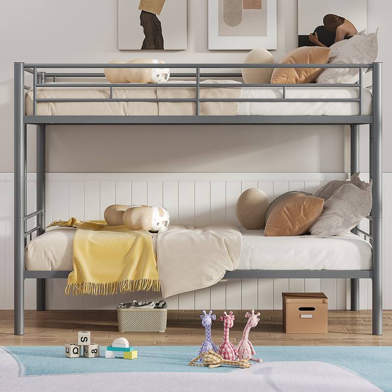 Bunk Bed Metal Twin Size Bunk Beds Frame with Ladder & Full-Length Guardrail Heavy Duty Sturdy 2 in 1 Convertible Bunk Bed