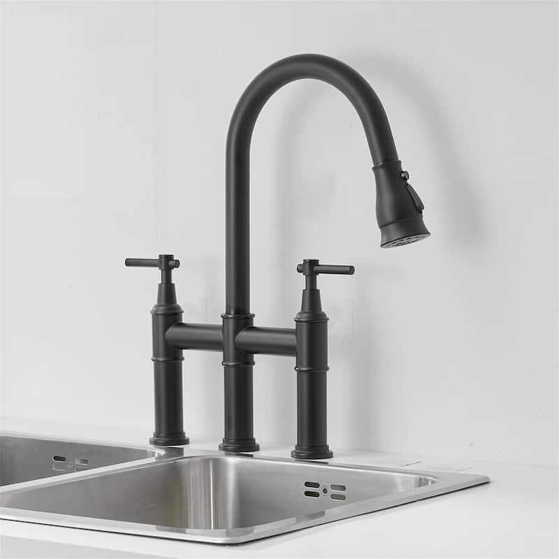 Bridge Kitchen Faucet with Pull Down Sprayer Modern Stainless Steel 3 Hole Pull Down Kitchen Sink Faucets Matte Black