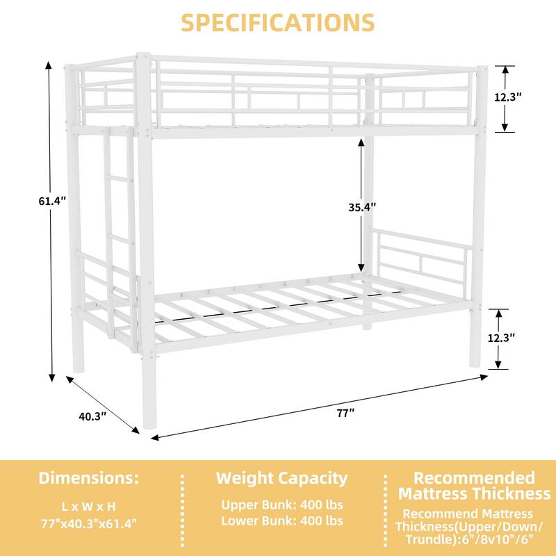 Twin Over Twin Metal Bunk Bed with Ladder and Guardrail, Convertible to 2 Separate Beds, No Box Spring Required