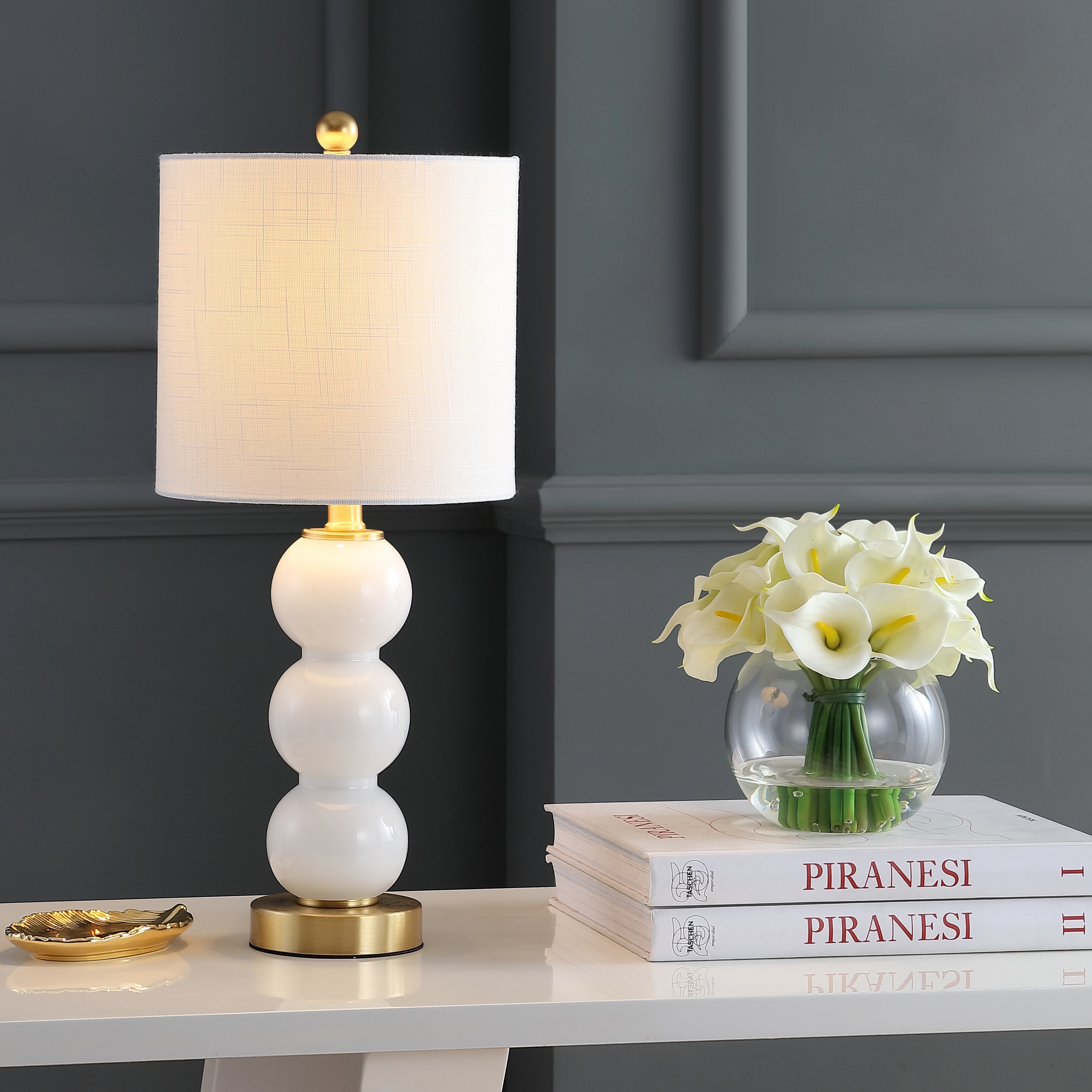 JONATHAN Y Wilson 21" Glass/Metal LED Table Lamp, White/Brass Gold