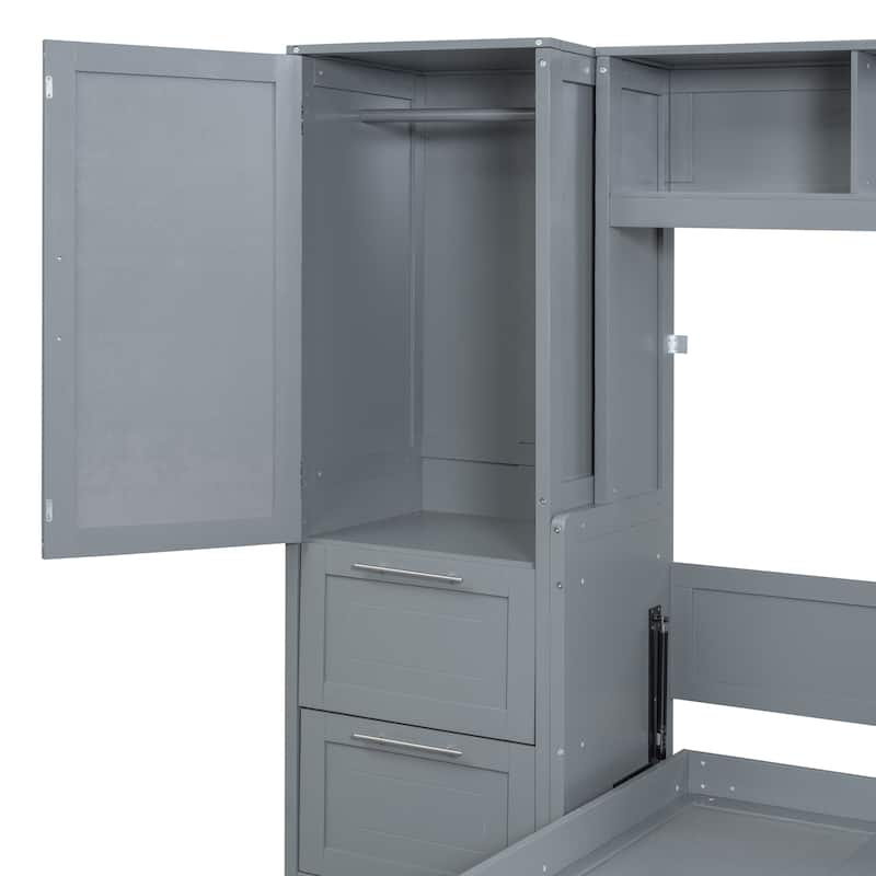 Space Saving Murphy Bed with Integrated Storage, Wood Foldable Wall Platform Bedframe with Closet, Shelves and Drawers