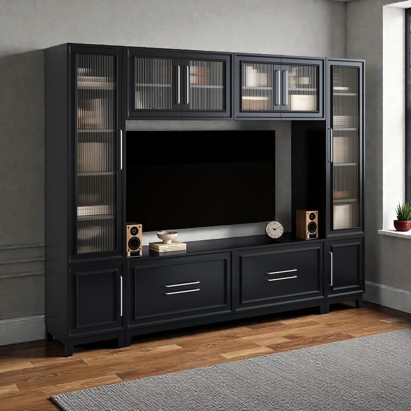 102" Modern Wall Entertainment Center with Fluted Glass Doors, Large TV Stand Media Console for TVs up to 75"