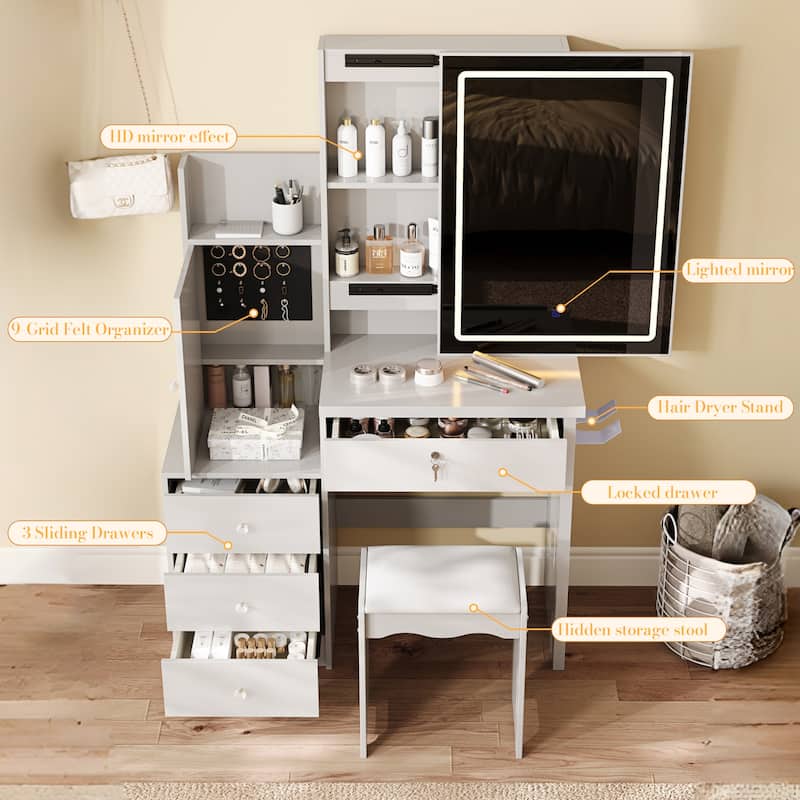 Anmytek Lighted Sliding Mirror Vanity Desk - 4 Drawers, 9 Storage Spaces,Power Outlets and Cushioned Stool