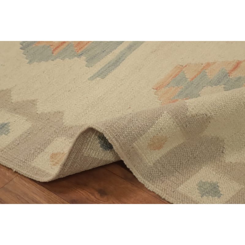 Hand Woven Oriental 100% Wool Carpet Southwestern Tribal Beige & Ivories Kilim Runner Rug - 8' 0'' X 2' 0''