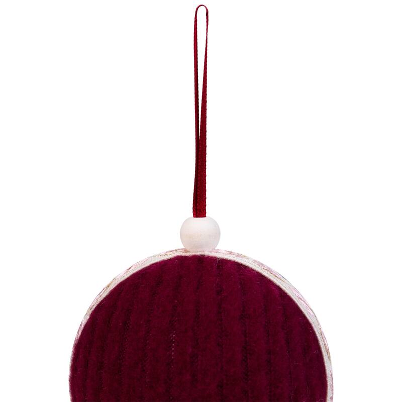 Plaid and Knitted Christmas Ball Ornaments - 3.5" - Maroon and Ivory - Set of 4